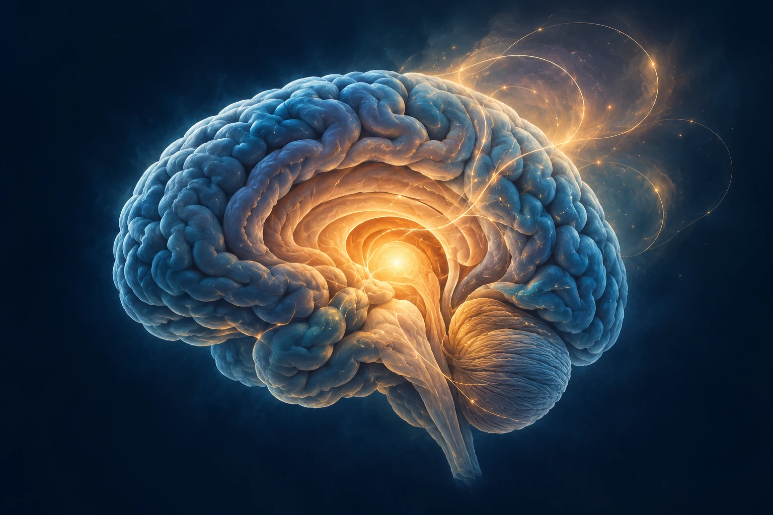 Conceptual illustration of a brain with a blue cortex, an amber-lit interior and fine threads of light extending towards the subtle.