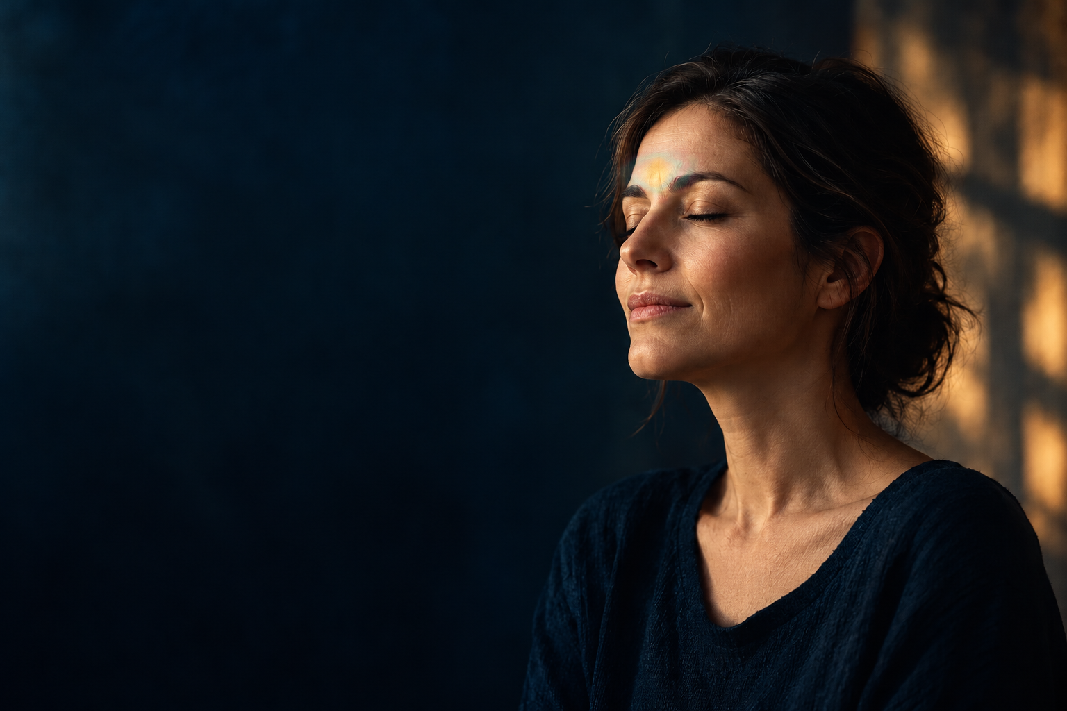 A woman with her eyes closed and an artistic suggestion of a luminous afterimage between her eyebrows